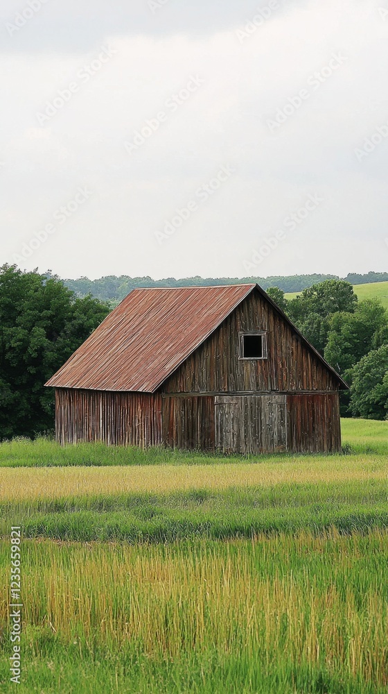 Rustic Wooden Barn Surrounded by Lush Green Fields Under Cloudy Sky Rustic Wooden Barn Surrounded by Lush Green Fields Under Cloudy Sky