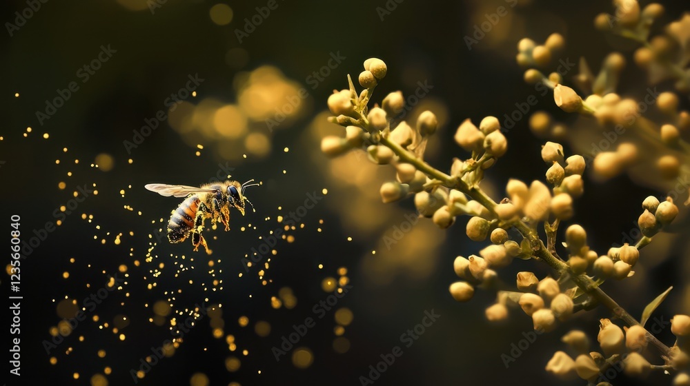 Fototapeta premium Bee Collecting Pollen from Flower with Soft Focus Background