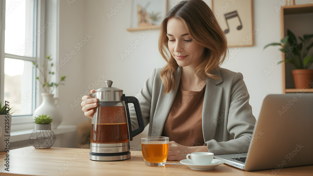 A businesswoman preparing tea with a premium electric kettle, cozy work-from-home setup, soft morning light, ultra-HD 8K.
A businesswoman preparing tea with a premium electric kettle, cozy work-from-home setup, soft morning light, ultra-HD 8K.