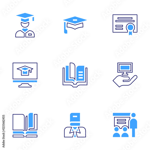 Education icon set. Bold line style. Duotone colors. Editable stroke. studying, braille, student, legal, online education, education, diploma, computer, conference