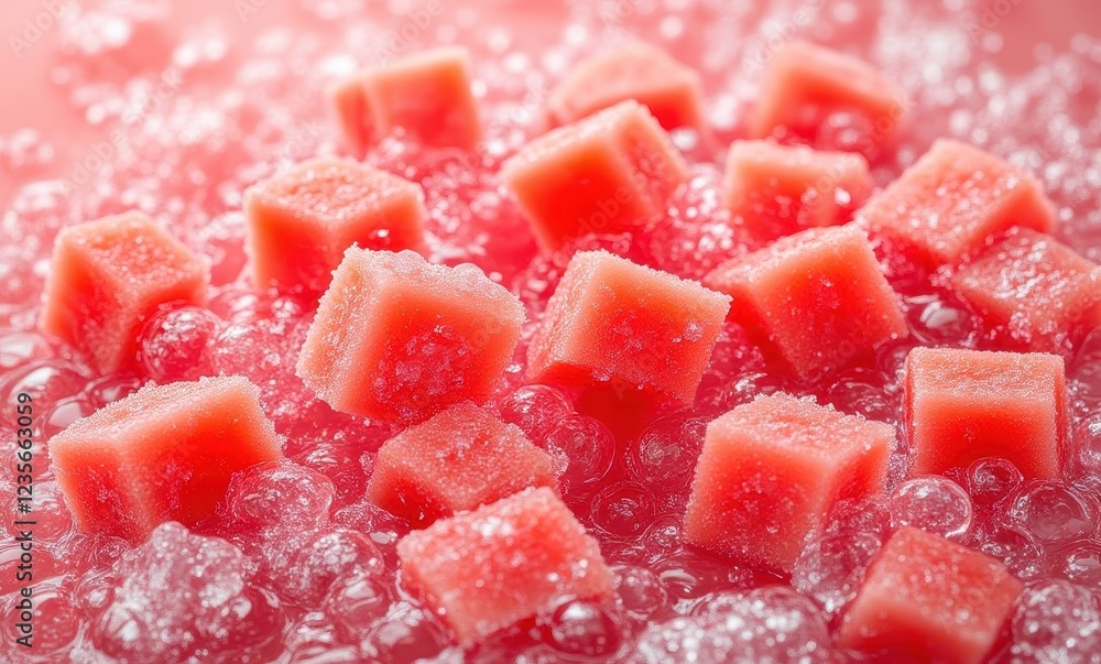 Colorful pink jelly cubes in bubbles Colorful pink jelly cubes in bubbles