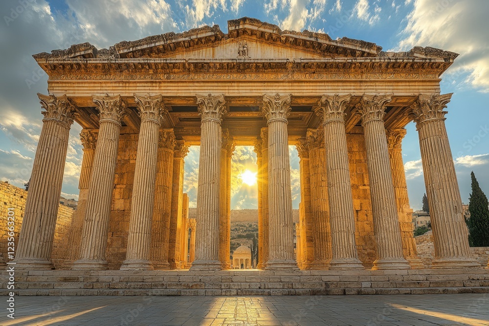 Obraz premium Sunset at Roman Temple, Baalbek, Lebanon; ancient ruins backdrop.