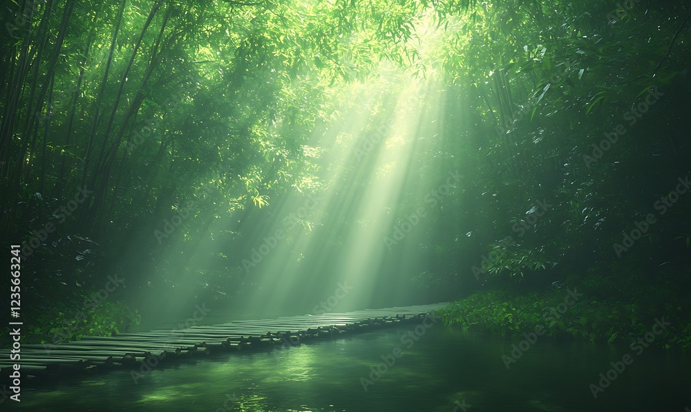 Serene forest scene with sunlight streaming through lush greenery over a tranquil pathway. Serene forest scene with sunlight streaming through lush greenery over a tranquil pathway.