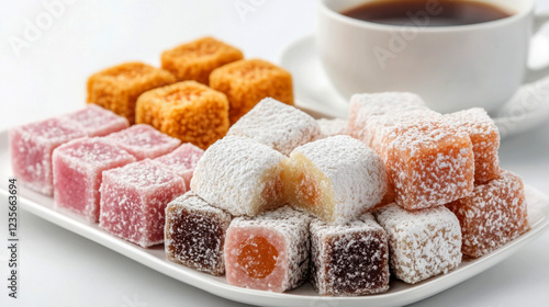 Assorted Turkish delights served with a cup of coffee.