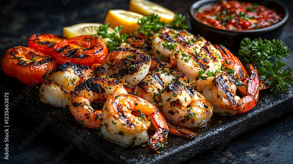Grilled shrimp and tomatoes with lemon on platter, with red sauce, gourmet food use Grilled shrimp and tomatoes with lemon on platter, with red sauce, gourmet food use