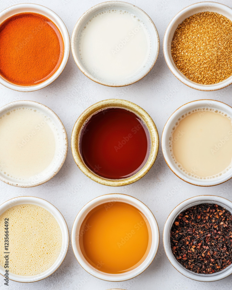 Variety of colorful spices and sauces arranged in small bowls. Variety of colorful spices and sauces arranged in small bowls.