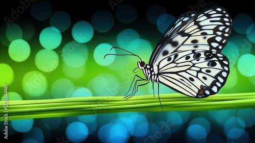 Butterfly perched on blade, bokeh background, nature, design