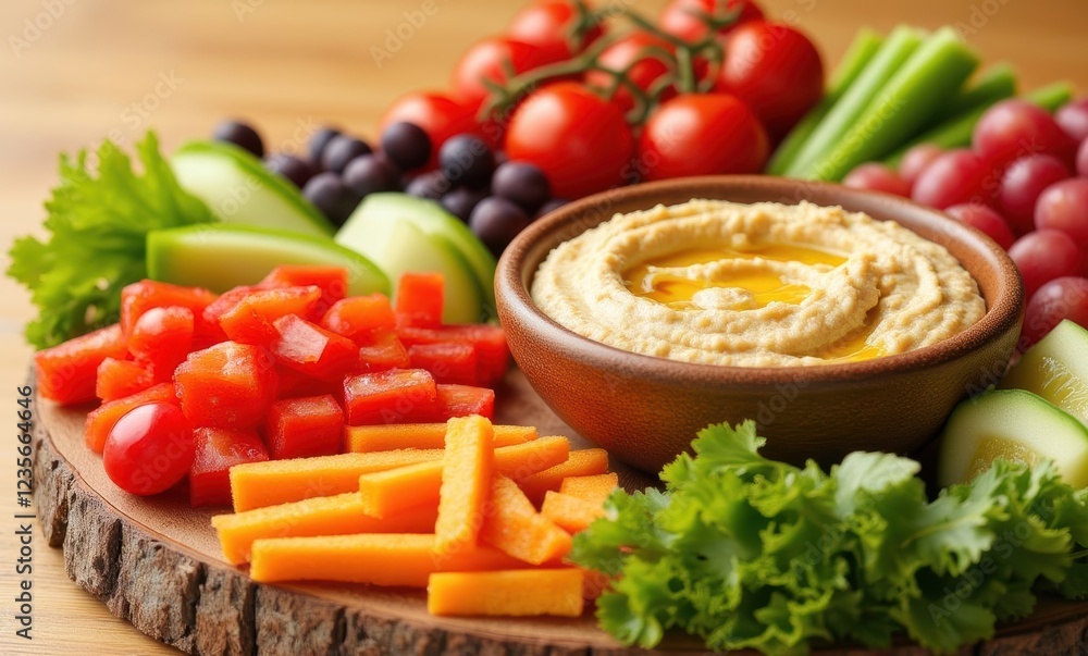 Vibrant fresh vegetables with hummus dip Vibrant fresh vegetables with hummus dip