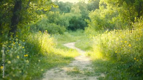Sunny path through summer forest; nature background