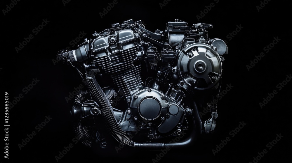 A detailed shot of a motorcycle engine, set against a black background, highlighting its smooth lines and engineering craftsmanship A detailed shot of a motorcycle engine, set against a black background, highlighting its smooth lines and engineering craftsmanship