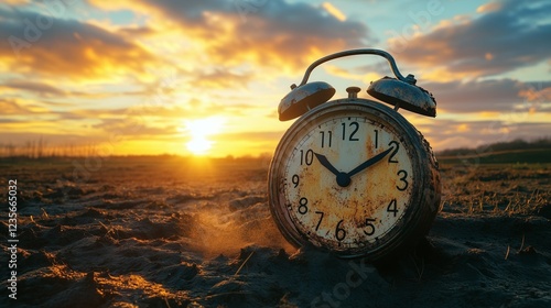 A retro antique alarm clock, aged and weathered, half-buried in the mud with a golden sunset backdrop, symbolizing time running out and lost moments.







 photo