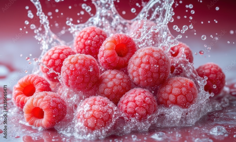 Fresh red raspberries splashing in water Fresh red raspberries splashing in water