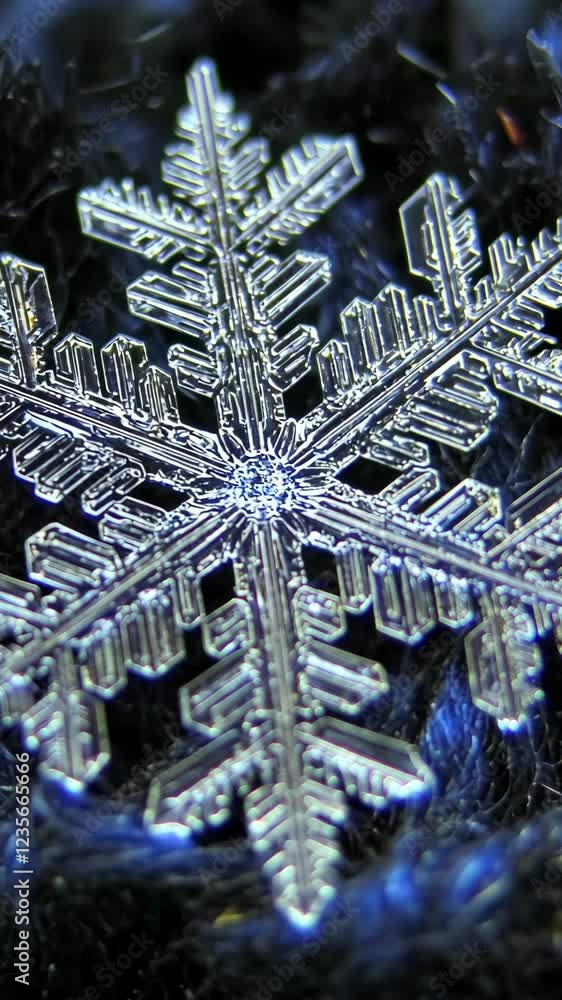 Intricate snowflake resting on a dark surface, showcasing unique crystalline structure under close-up view Intricate snowflake resting on a dark surface, showcasing unique crystalline structure under close-up view