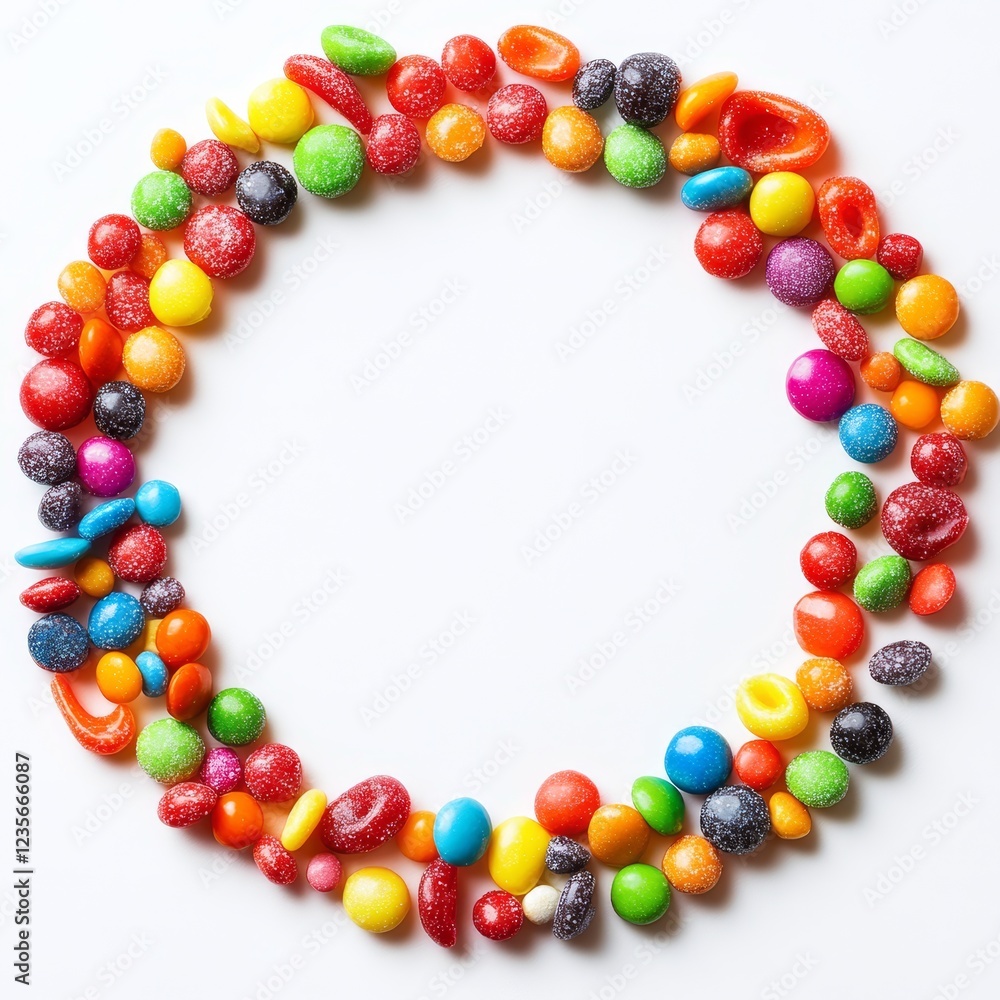 Colorful candies circle, white background, sweet treats, food photography Colorful candies circle, white background, sweet treats, food photography