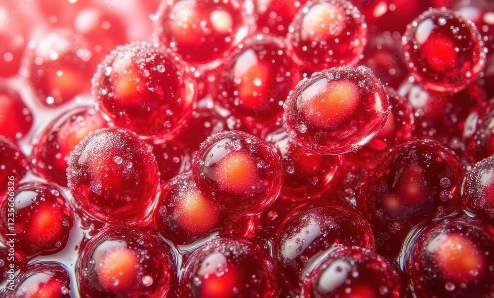Glittering red gelatin spheres with bubbles Glittering red gelatin spheres with bubbles