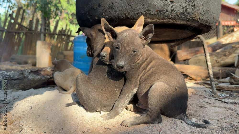 Group of puppy brown and black skin sibling sitting together on soil ground outdoor daytime rural area to keep warm. Light sun shine on adorable puppies. Group of puppy brown and black skin sibling sitting together on soil ground outdoor daytime rural area to keep warm. Light sun shine on adorable puppies.
