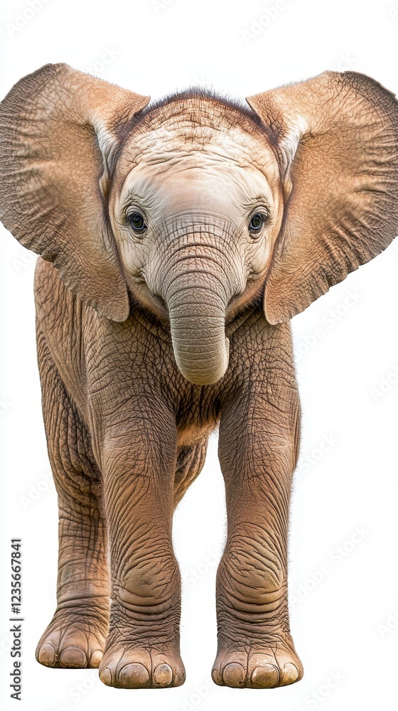 Fototapeta premium Young Elephant Posing Head-On Against White Background