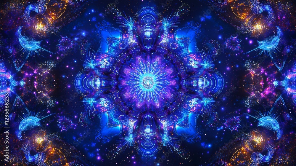 Abstract cosmic mandala with vibrant blues purples and gold in digital art style Abstract cosmic mandala with vibrant blues purples and gold in digital art style