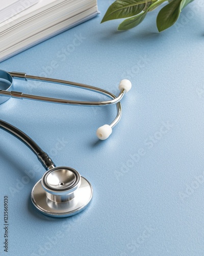A close-up of a stethoscope on a blue surface, with some greenery and a few books in the background, symbolizing healthcare and medical professionalism.