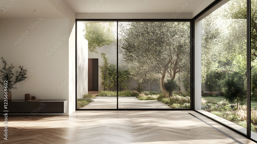 Fototapeta premium Interior View of Modern Home with Sliding Glass Doors and Courtyard Garden