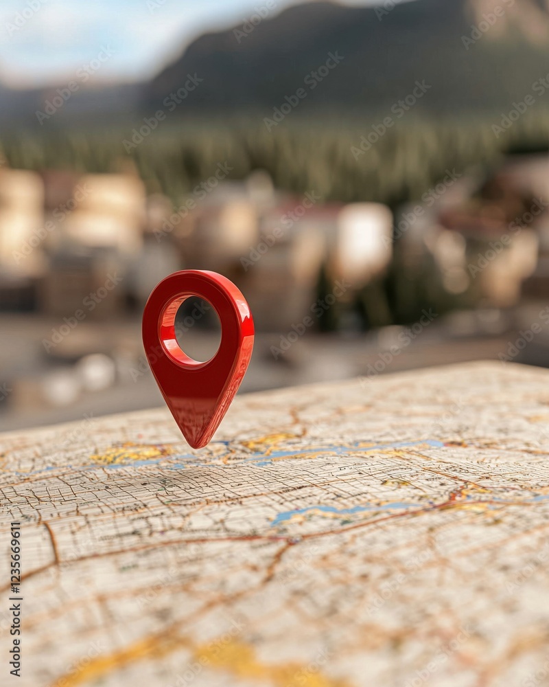 Fototapeta premium A vibrant red location pin stands prominently on a map, symbolizing navigation and exploration amidst a blurred landscape.