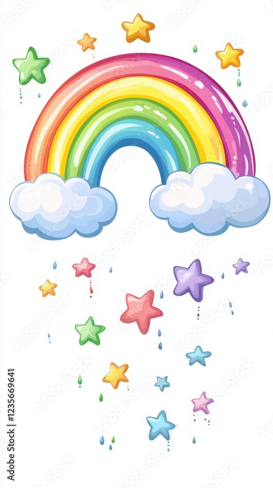 Colorful Rainbow with Clouds and Stars in Bright Vibrant Style Colorful Rainbow with Clouds and Stars in Bright Vibrant Style
