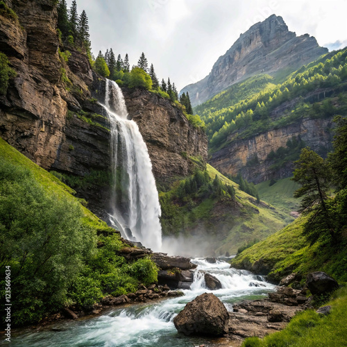 waterfall in the mountains isolated on white  background cutout wallpaper 