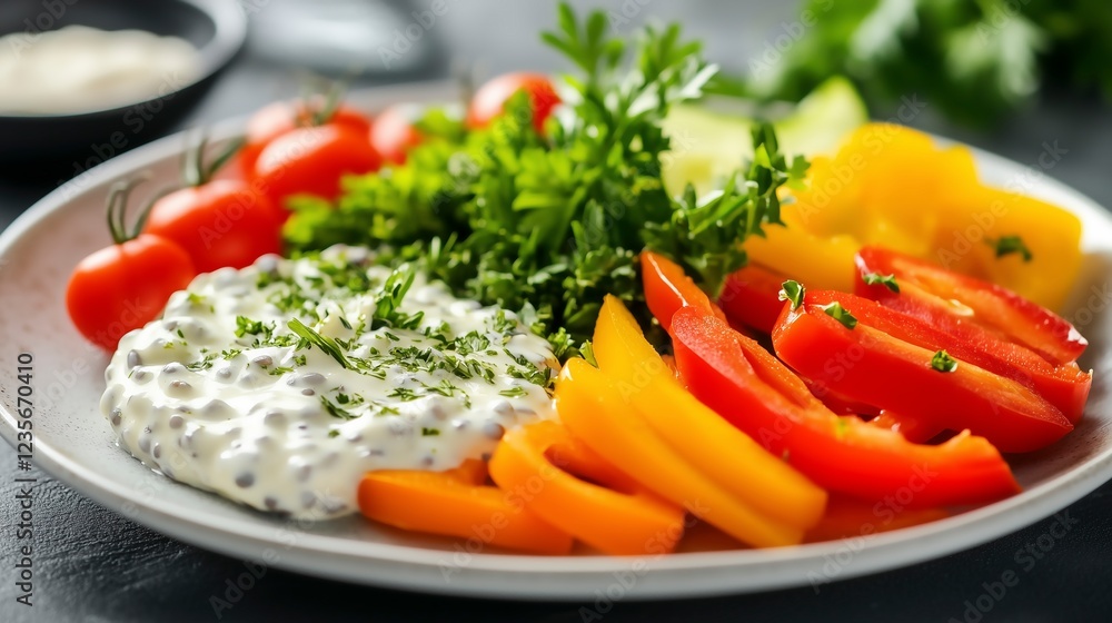 A plate of fresh sliced peppers, tomatoes, and yogurt with herbs for a healthy meal