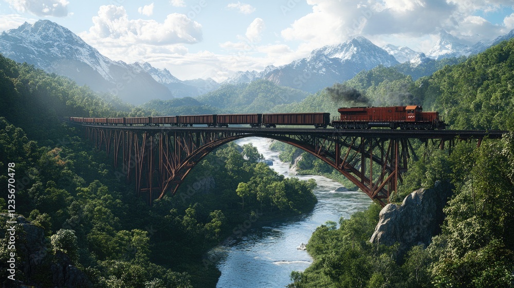 A freight train crossing a high bridge over a river, with mountains and lush forests framing the background, showcasing the scenic and industrious nature of rail transport A freight train crossing a high bridge over a river, with mountains and lush forests framing the background, showcasing the scenic and industrious nature of rail transport