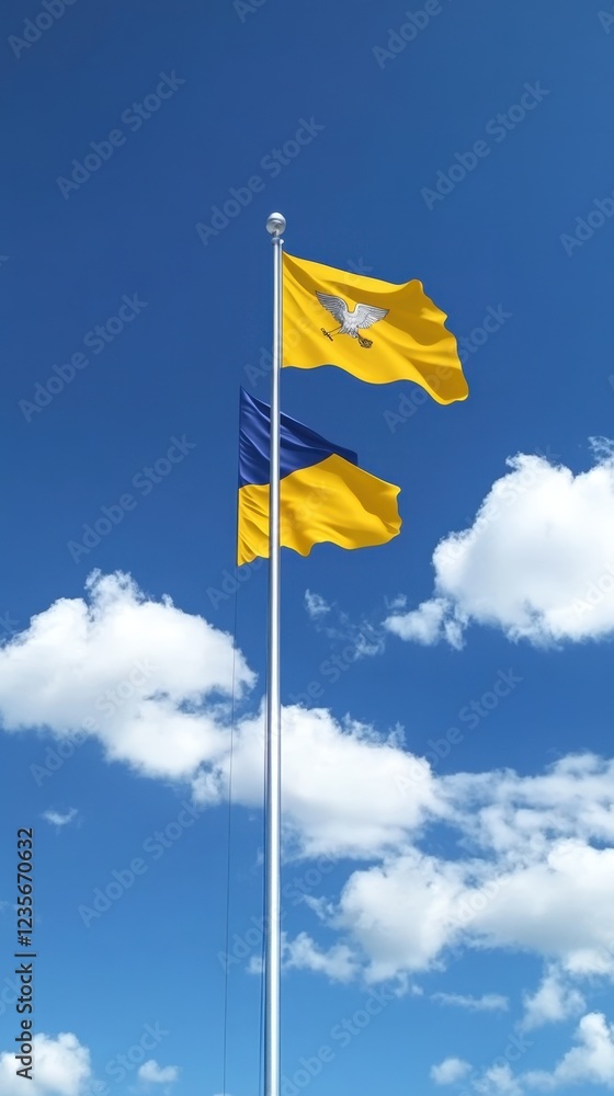 Two flags waving against a blue sky with fluffy clouds; perfect for patriotic celebrations or political contexts. Two flags waving against a blue sky with fluffy clouds; perfect for patriotic celebrations or political contexts.