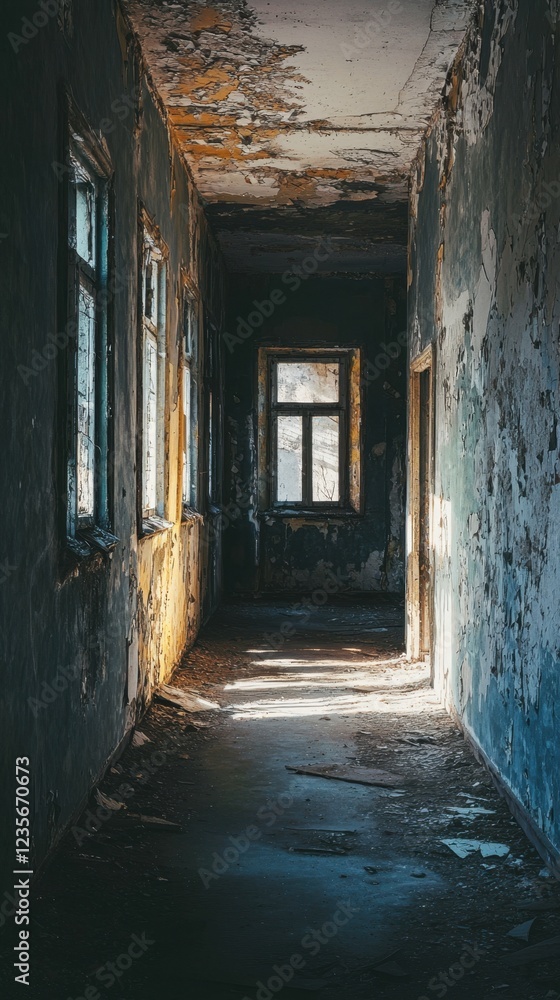Abandoned Corridor in Derelict Building with Faded Walls and Light Abandoned Corridor in Derelict Building with Faded Walls and Light