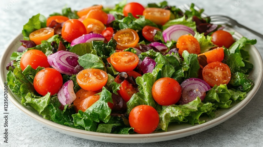 Freshly prepared salad with vibrant vegetables on a plate, surrounded by a light background Freshly prepared salad with vibrant vegetables on a plate, surrounded by a light background