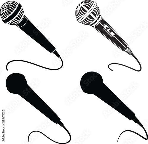  A black vector illustration of a logo style microphone. Black microphone isolated on a white background