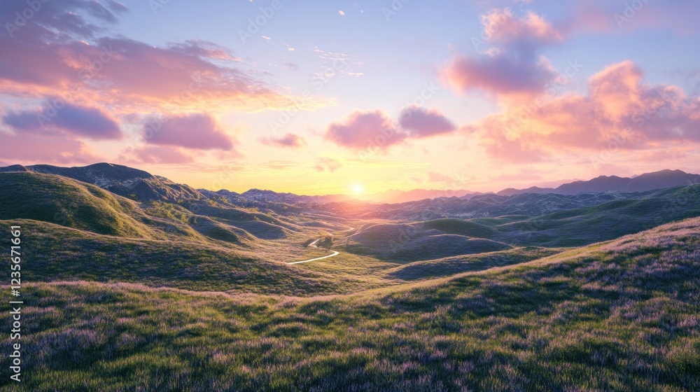 Sunset over rolling hills, scenic road, peaceful landscape, nature background, travel poster Sunset over rolling hills, scenic road, peaceful landscape, nature background, travel poster