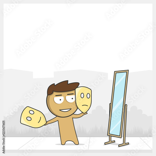 Actor with actor masks in front of a mirror