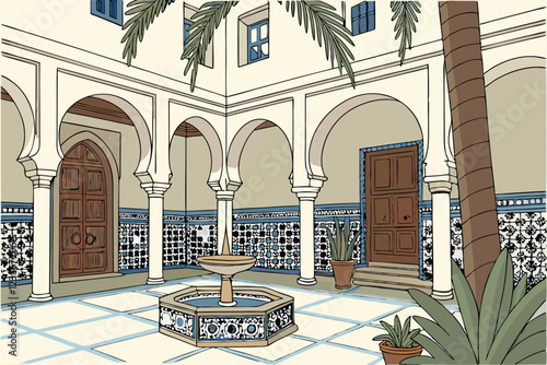  Photo of an ornate, traditional Moroccan courtyard with a central fountain, surrounded by blue and white tile mosaics, tall palm trees, and vibrant potted plants. The courtyard is enclosed by white a