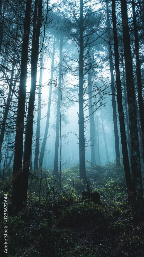 Fototapeta premium Misty Forest Scene with Tall Trees and Ethereal Light Rays