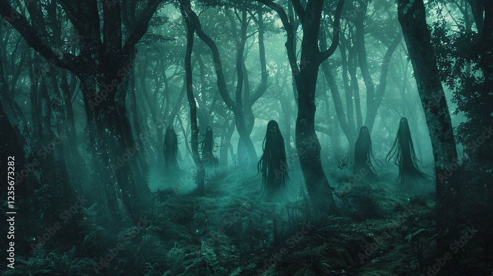 Obraz premium Haunted forest with ghostly apparitions