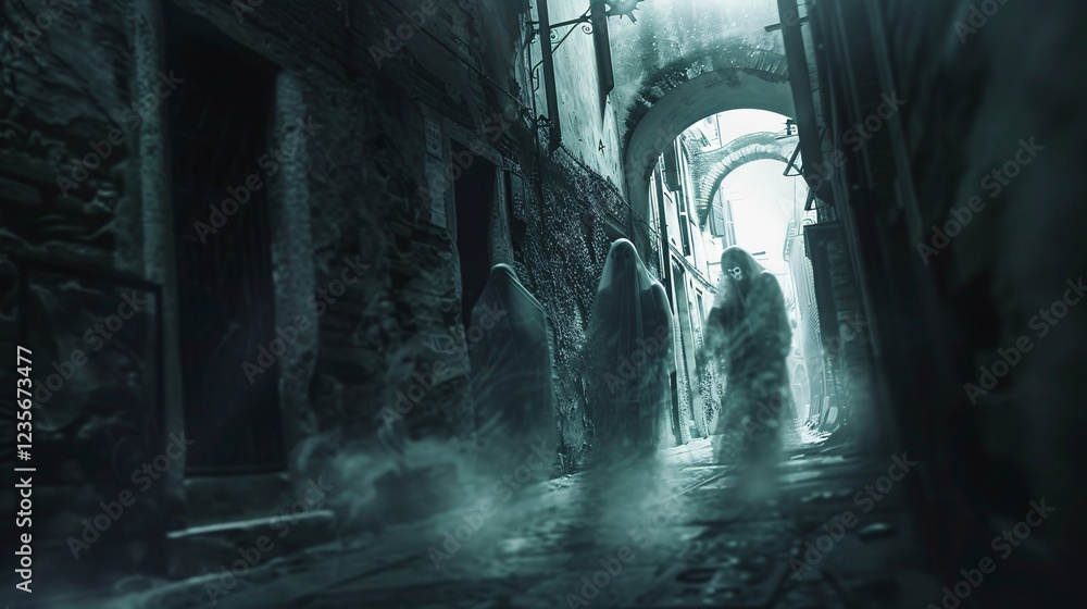 Spooky ghostly figures in a dark alley Spooky ghostly figures in a dark alley