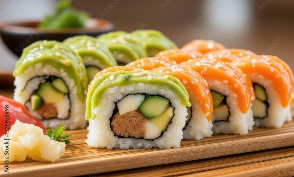 Colorful sushi rolls beautifully arranged Colorful sushi rolls beautifully arranged