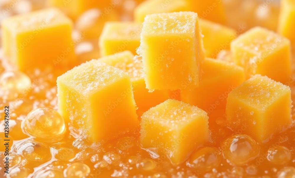 Vibrant yellow cheese cubes in bubbly liquid Vibrant yellow cheese cubes in bubbly liquid