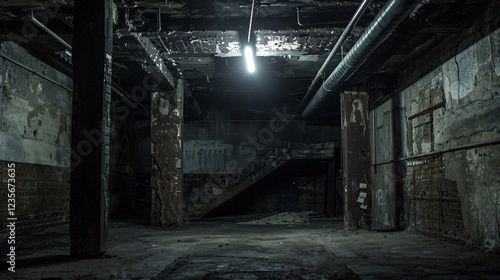 Dark and creepy basement with eerie lights