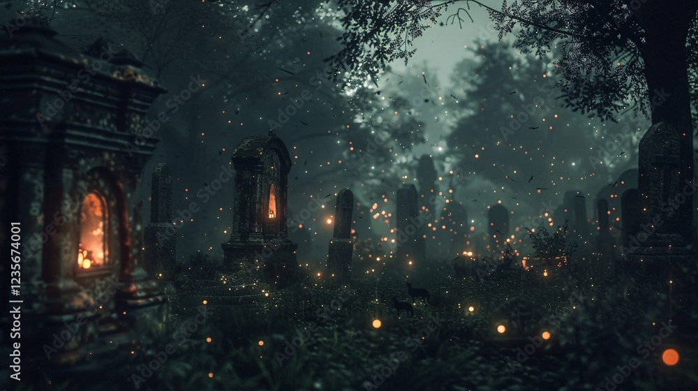 Spooky graveyard with ghostly lights Spooky graveyard with ghostly lights