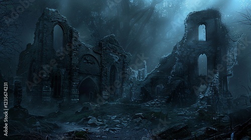 Dark and creepy ruins with eerie lights photo