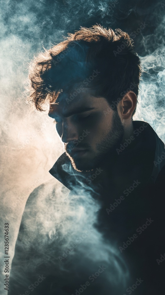 Obraz premium Dramatic Portrait of a Man Silhouetted in Smoky Atmosphere