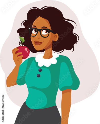 Happy Healthy Lady Holding an Apple as Snack Vector Illustration. Cheerful lady snacking on a fruit 

