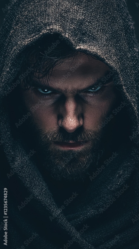 Mysterious Hooded Figure with Intense Gaze and Detailed Stubble Mysterious Hooded Figure with Intense Gaze and Detailed Stubble