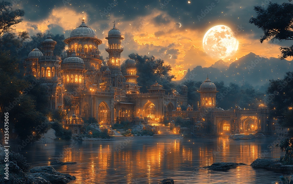 Naklejka premium Moonlit Palaces by the River in a Twilight Fantasy Landscape