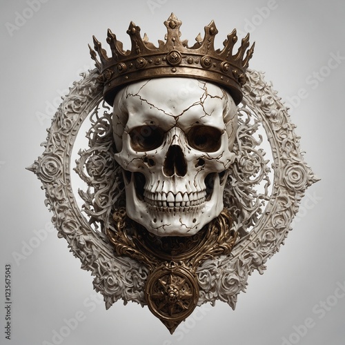 An epic medieval fantasy-inspired logo of a white skull soldier king, crowned in aged bronze, surrounded by ornate scrollwork and shining mystic glyphs, centered on a white background.