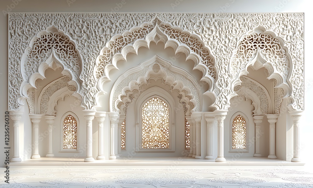 Exquisite arabesque wall design featuring arched niches in a pristine white room
Exquisite arabesque wall design featuring arched niches in a pristine white room